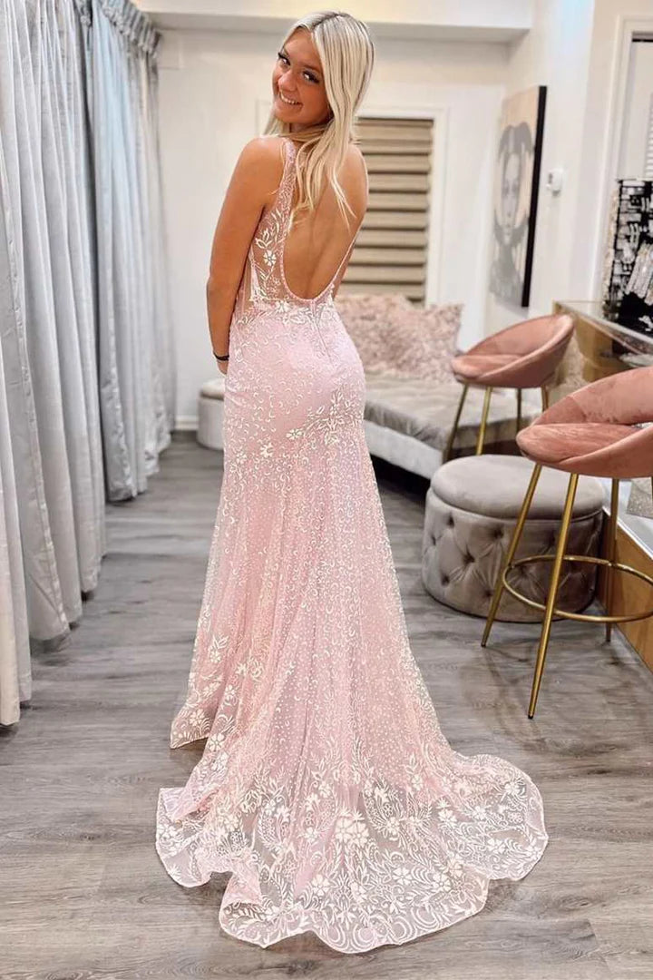 Vestido de fiesta de sirena con escote en V y espalda descubierta de tul